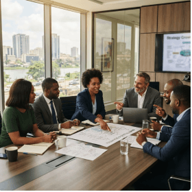 A team discussing brand positioning and campaign strategy around a table