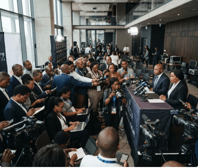 Media interviewing a spokesperson at a press conference
